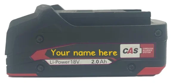Metabo 18 volt 2 amp battery sticker add name here side 1