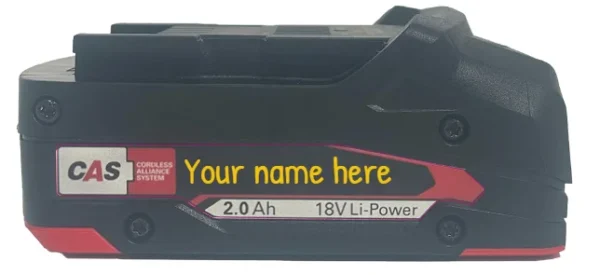 Metabo 18 volt 2 amp battery sticker add name here side 2